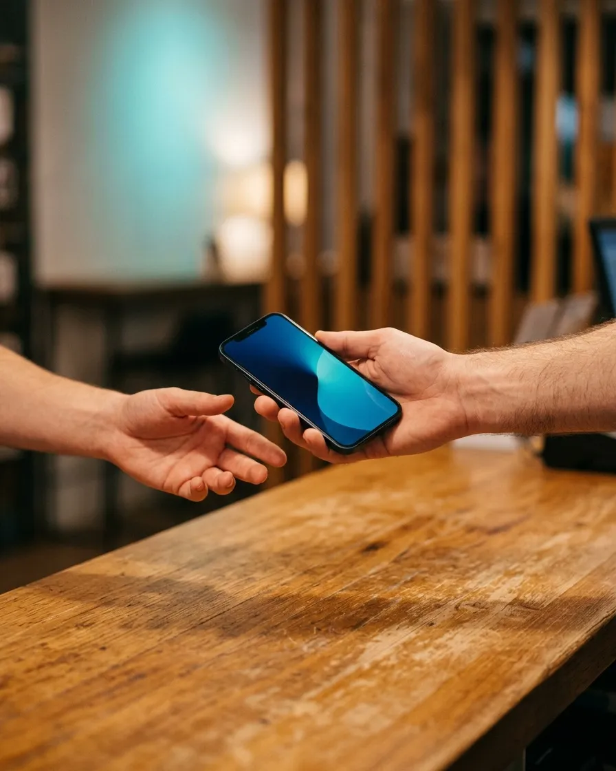 Un celular arreglado entregado sobre el mostrador del local